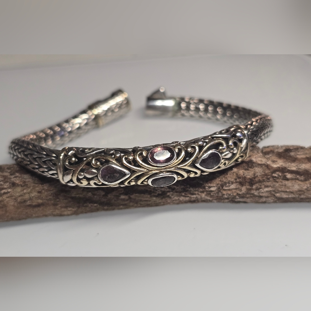 Samuel B. Behnam Sterling Silver and 18K Gold and Amethyst Bracelet. 7.5"